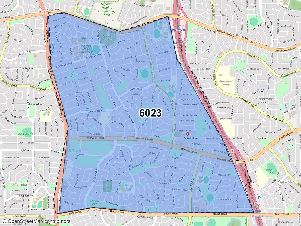Map of Duncraig, WA, showing its postcode areas as colored shapes and the suburb outline as a dashed line