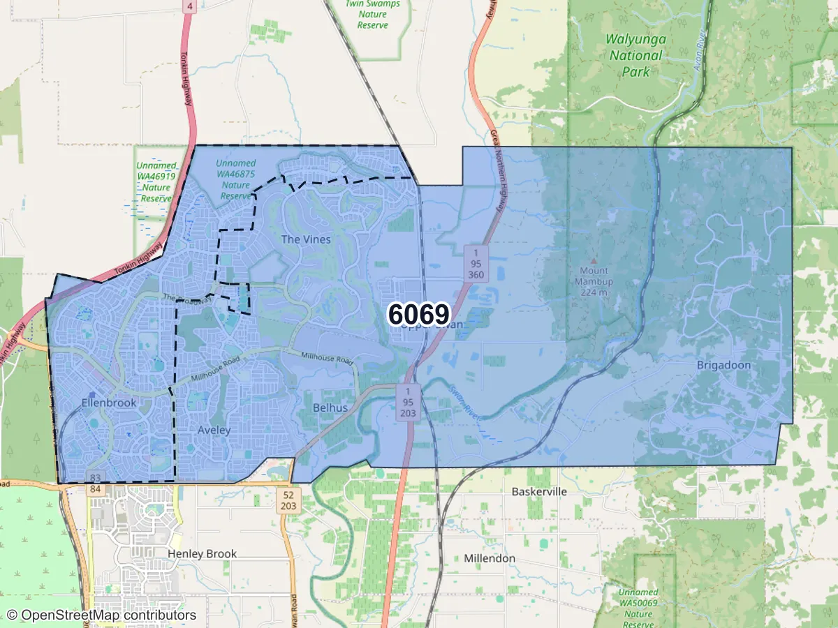 Map of Ellenbrook, WA, showing its postcode areas as colored shapes and the suburb outline as a dashed line