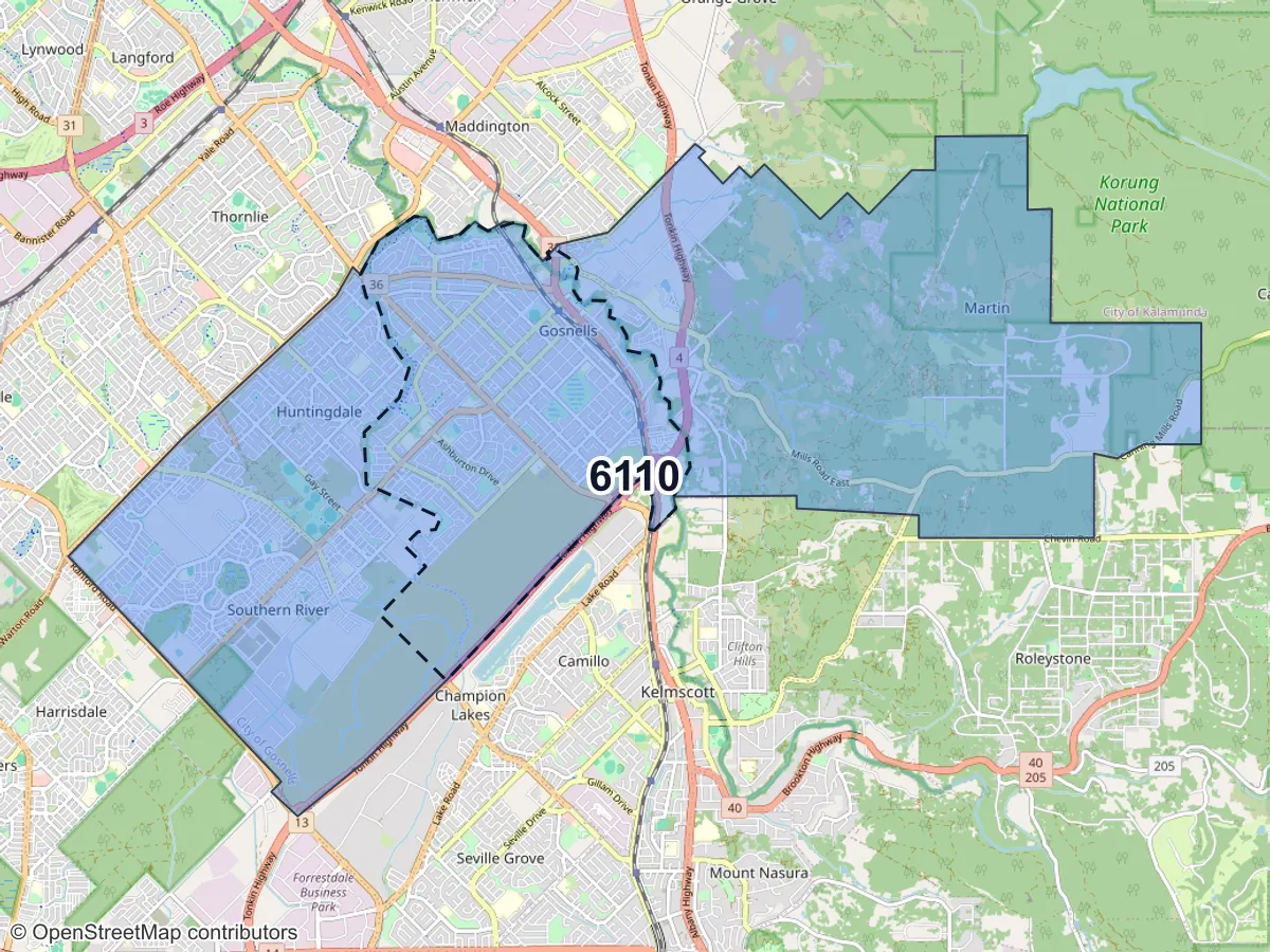 Map of Gosnells, WA, showing its postcode areas as colored shapes and the suburb outline as a dashed line
