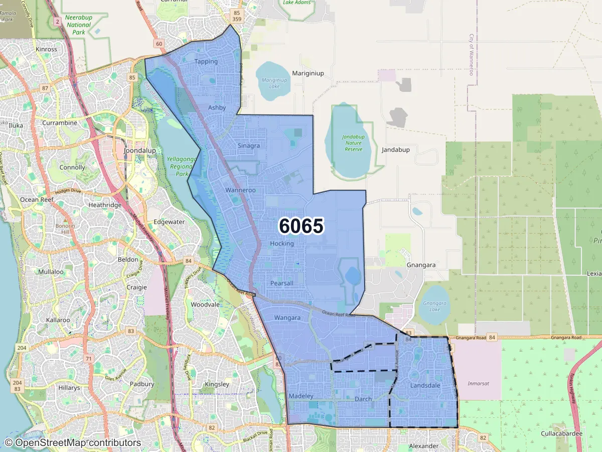 Map of Landsdale, WA, showing its postcode areas as colored shapes and the suburb outline as a dashed line