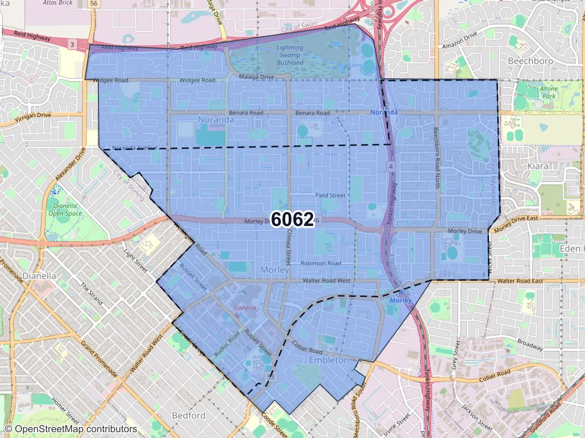 Map of Morley, WA, showing its postcode areas as colored shapes and the suburb outline as a dashed line
