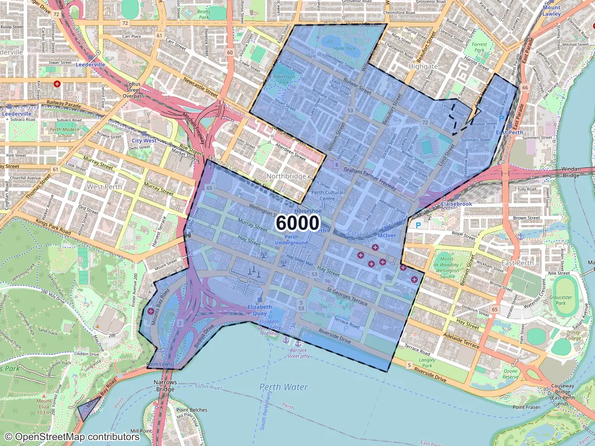 Map of Perth, WA, showing its postcode areas as colored shapes and the suburb outline as a dashed line