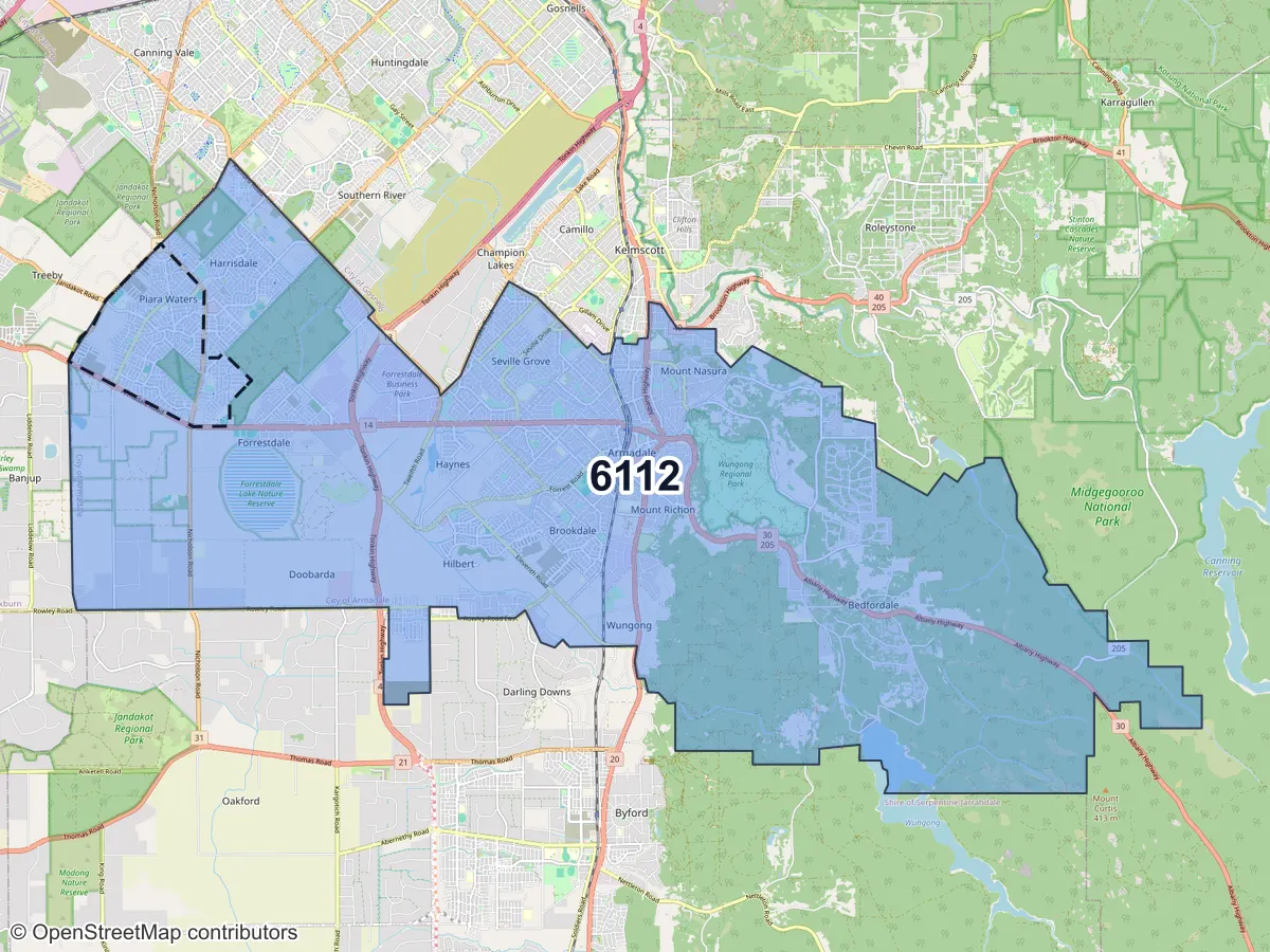 Map of Piara Waters, WA, showing its postcode areas as colored shapes and the suburb outline as a dashed line