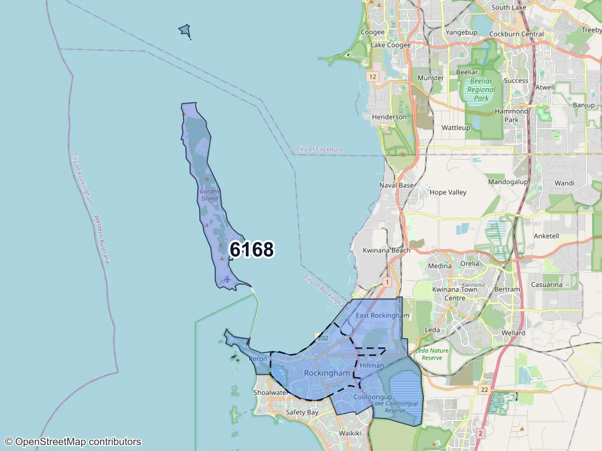 Map of Rockingham, WA, showing its postcode areas as colored shapes and the suburb outline as a dashed line