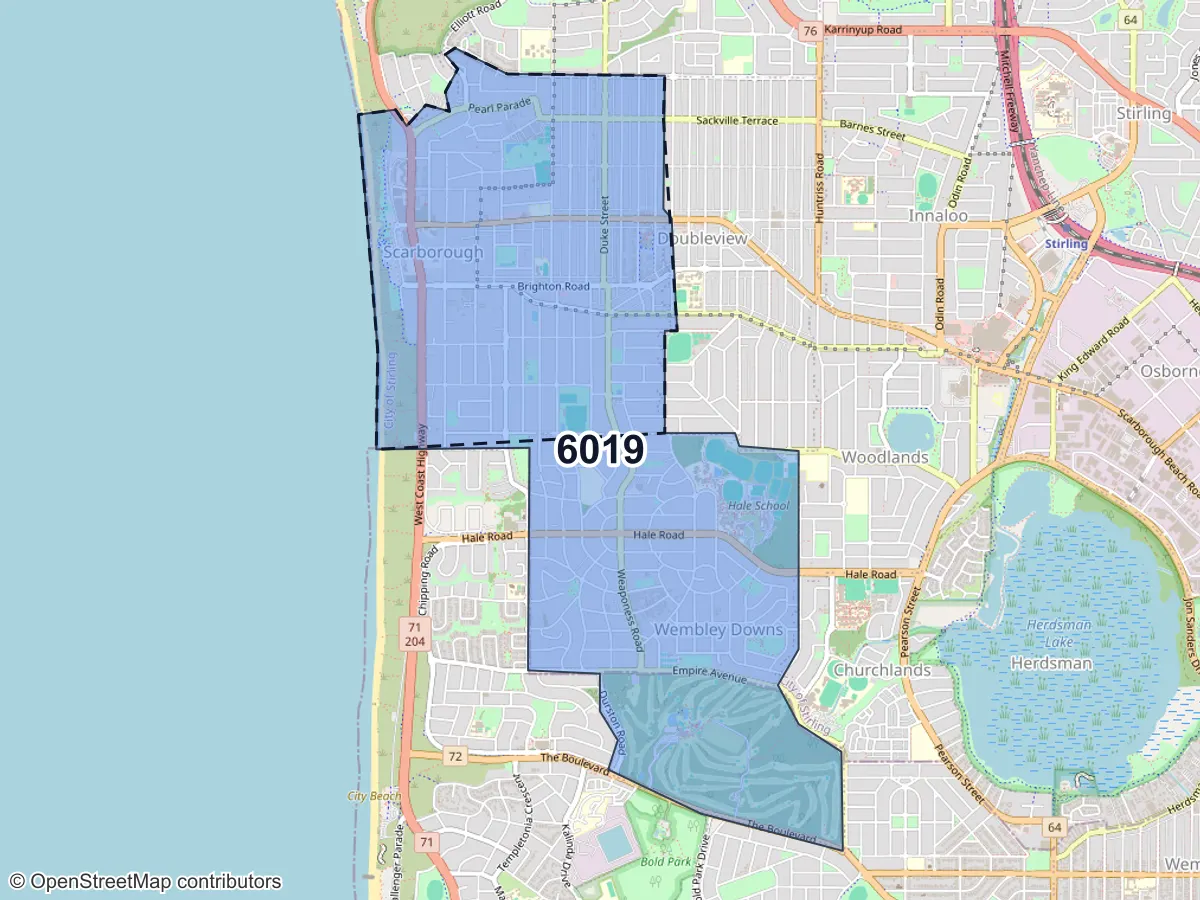 Map of Scarborough, WA, showing its postcode areas as colored shapes and the suburb outline as a dashed line