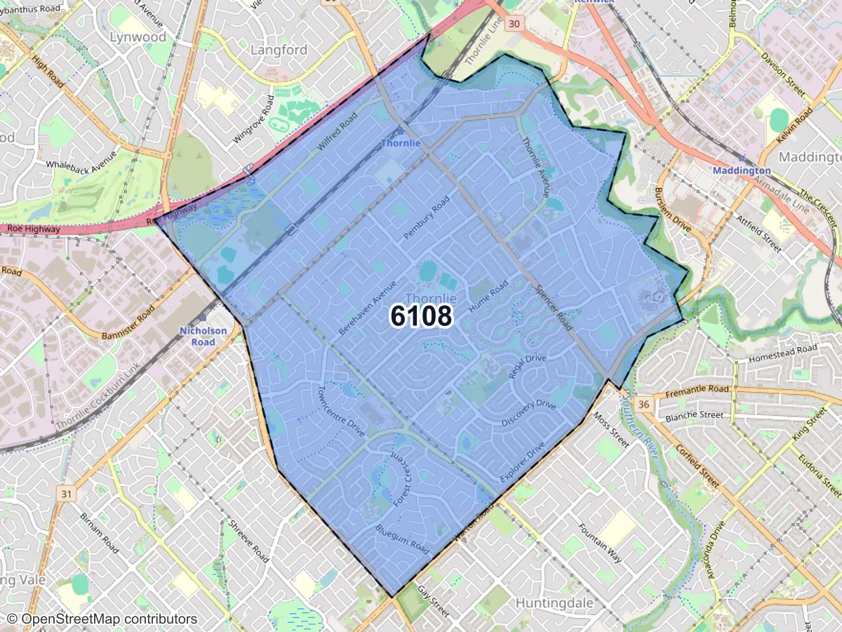 Map of Thornlie, WA, showing its postcode areas as colored shapes and the suburb outline as a dashed line