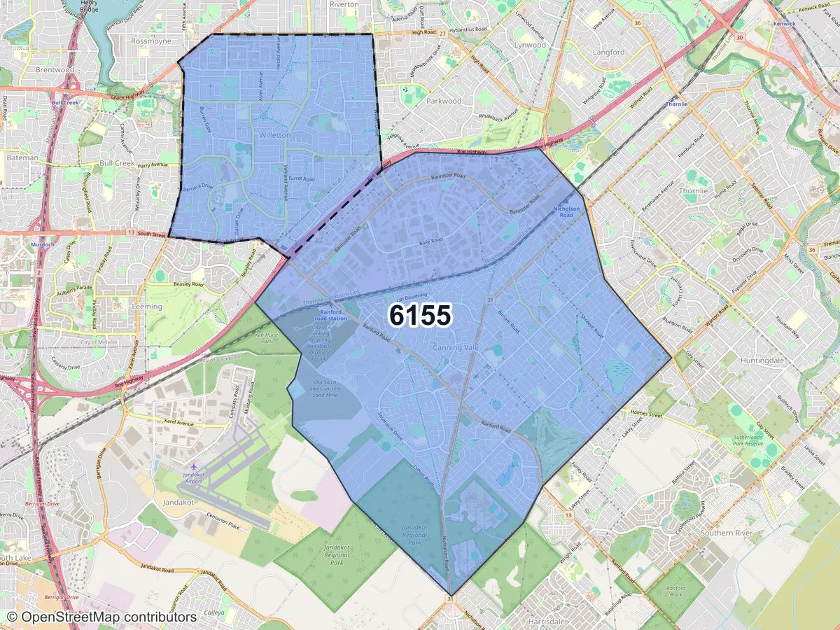 Map of Willetton, WA, showing its postcode areas as colored shapes and the suburb outline as a dashed line