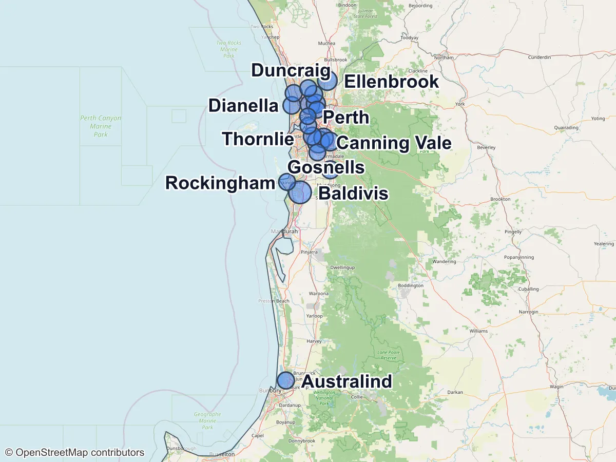 Map of Western Australia with a circle for each of its largest suburbs